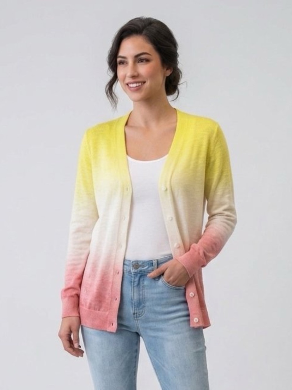 Laurie Felt Yellow, White and Orange cardigan sweater - Size M linen blend